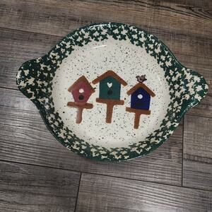 Bird house stoneware pie plate with handles